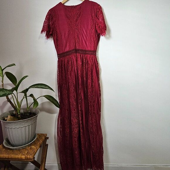 EUC DEEP RED V NECK LACE WEDDING PARTY MAXI DRESS SIZE MEDIUM - Picture 2 of 16